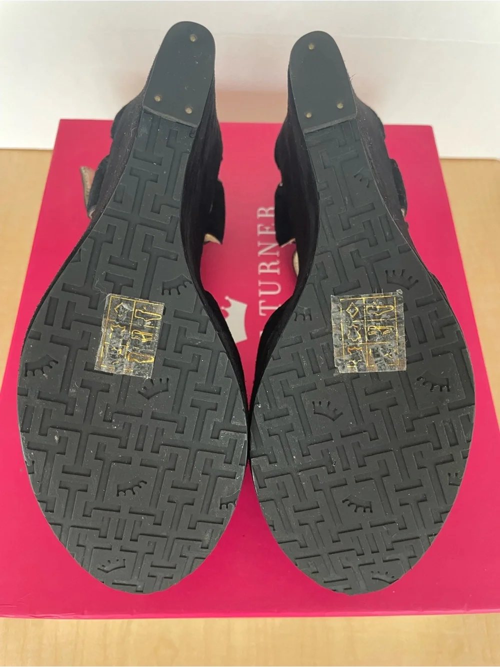 Elaine Turner Black Suede Tassel Wedge Sandals